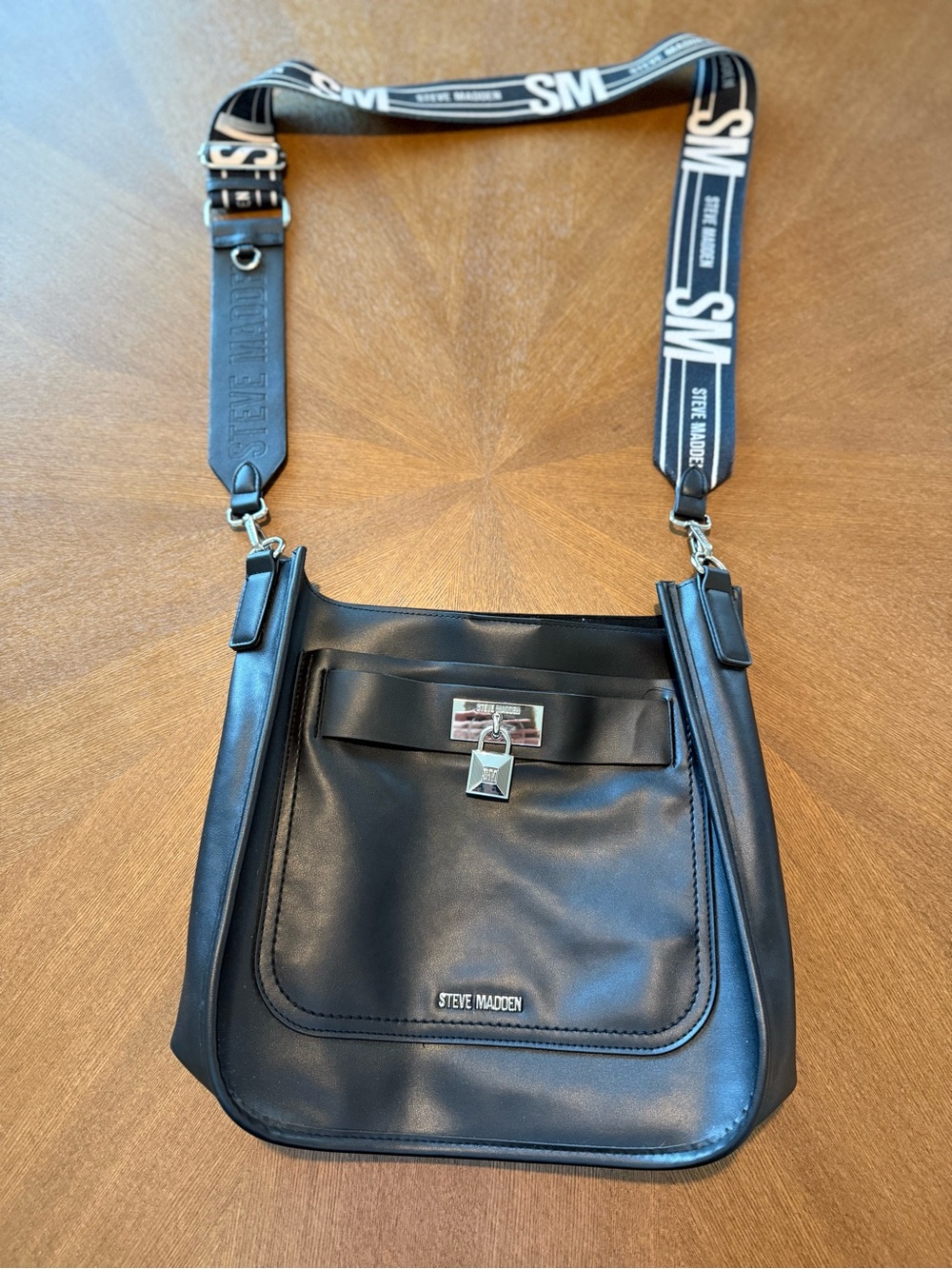 Steve Madden Black Crossbody Messenger with Logo Strap and Front Lock